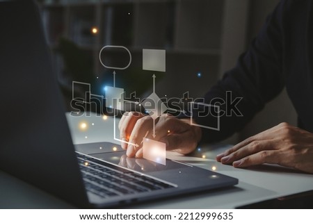 Businessman using laptop with process flowchart on virtual screen, Implement and improve, management of corporate concept. Royalty-Free Stock Photo #2212999635
