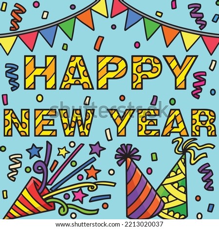 New Year Banner and Party Hat Colored Cartoon 