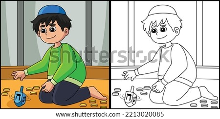 Hanukkah Boy Playing Dreidel Coloring Illustration