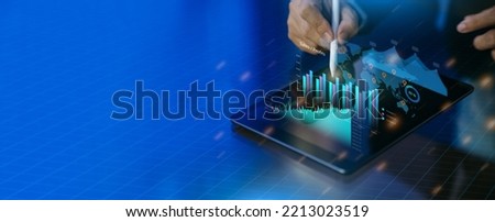 Business analysis big data sciences and economic growth with financial graph. Concept of fintech virtual dashboard technology digital marketing and global economy investment . 3D illustration banner.