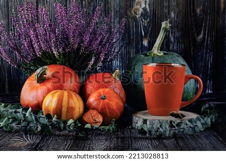 Orange and green pumpkins and an orange cup of coffee on the table. Autumn composition with heather and eucalyptus branches on a dark background. Side view.