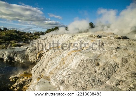 geothermal volcanic park with geysers and hot streams, scenic landscape, te piua national park, rotorua, new zealand. High quality photo