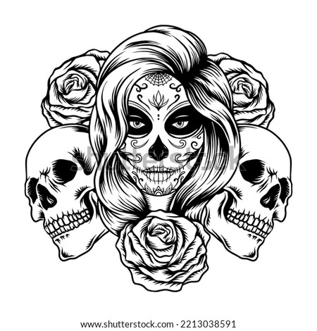 Illustration of black and white skull girl with rose in hairs