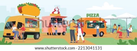 Street Food Festival, Gastronomic Holiday Concept. People Buy Snacks And Drinks In Meal Trucks, Eatery Vans in Park. Customer Characters Sit Outdoor At Tables Eat Hot Dogs. Cartoon Vector Illustration