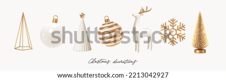 Set of white and gold realistic Christmas decorations. 3d render vector illustration. Design elements for greeting card or invitation. Royalty-Free Stock Photo #2213042927