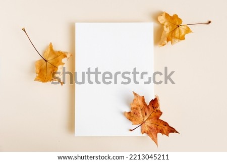 Invitation card mockup with autumn maple tree leaves on beige pastel background. Template blank of white paper mock up for branding and advertising. Top view, flat lay, copy space.