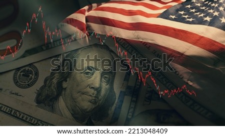 Stock market trading graph in red color economy. usa flag dollar bill background. Trading trends and economic development. Effect of recession on US economy. Stock crash market exchange loss trading  Royalty-Free Stock Photo #2213048409
