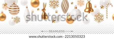 Christmas white and gold baubles and decorations. Seamless background. 3d render vector illustration.