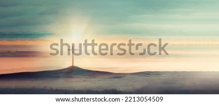 Silhouette of christian cross, lights, bokeh on black background. Copy space. Faith symbol. Church worship, salvation concept. Faith symbol in Jesus Christ. Holy cross for Easter day. Christianity