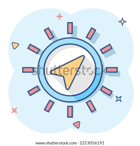 Global navigation icon in comic style. Compass gps vector cartoon illustration on white isolated background. Location discovery business concept splash effect.