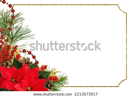 Christmas corner arrangement with pine twigs, red berries and poinsettia flowers with golden glitter frame isolated on white background