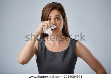 Allergic disease of business woman. isolated advertising portrait.