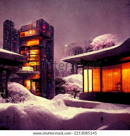 japanese atompunk house in the winter season with a snowy, cozy and calm atmosphere