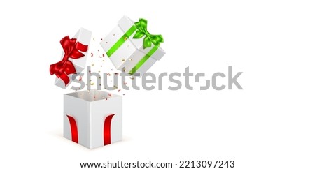 Festive illustration with white gift boxes with colored ribbons and bows, pieces of serpentine fly out of it