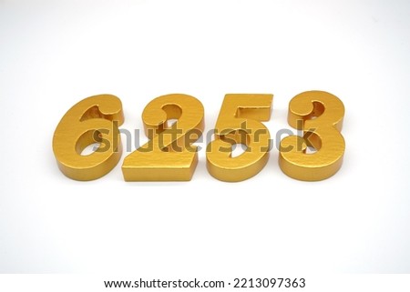    Number 6253 is made of gold-painted teak, 1 centimeter thick, placed on a white background to visualize it in 3D.                                  