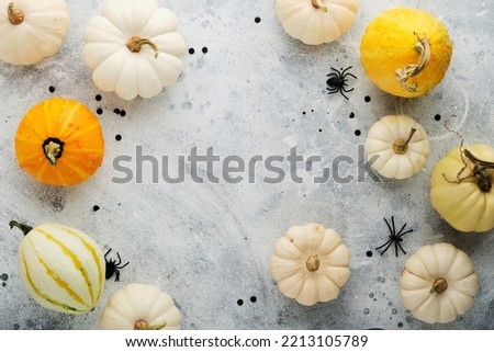 Halloween festive autumn background. Autumn decor from pumpkins, berries, maple leaves and chestnuts on old rustic stone tiles backgrounds. Concept of Thanksgiving day  Halloween. Top view copy space