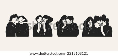 Set of various people whispering secrets into ears. Talking something to other person, gossip, rumor, secret concept. Hand drawn Vector illustration. Cartoon style. Cute isolated characters Royalty-Free Stock Photo #2213108121