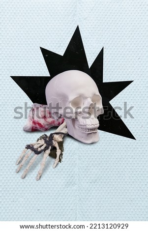 Vertical creative collage image of terrifying head skull skeleton arm isolated on drawing background