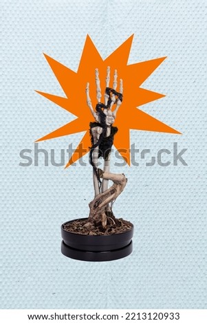 Vertical collage picture of dead skeleton arm dry tree plant pot isolated on creative drawing background