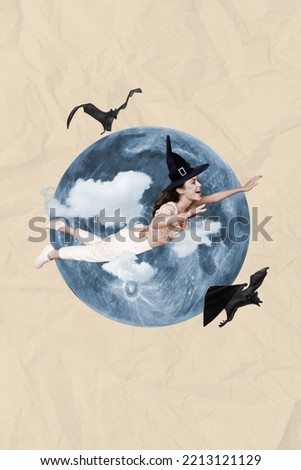 Magazine image collage of lady in warlock dress hat levitate have midnight halloween flight on drawing background
