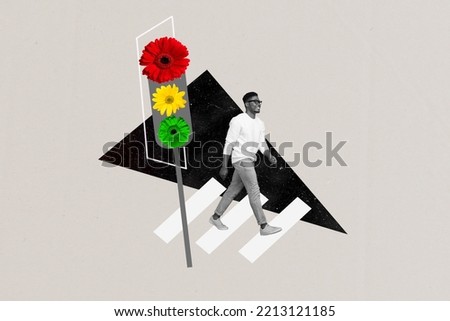 Creative photo 3d collage artwork poster postcard of funny funky man pedestrian pass road black white gamma isolated on drawing background Royalty-Free Stock Photo #2213121185