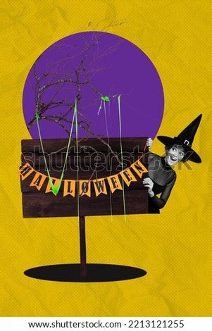 Vertical creative collage picture of excited cheerful witch girl black white colors peeking look curious slime tree halloween flags