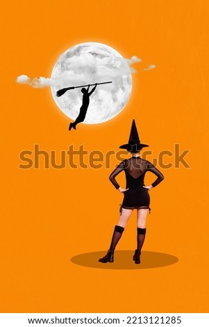 Vertical collage picture of conjurer girl look man flying hang broom stick full moon isolated on orange background