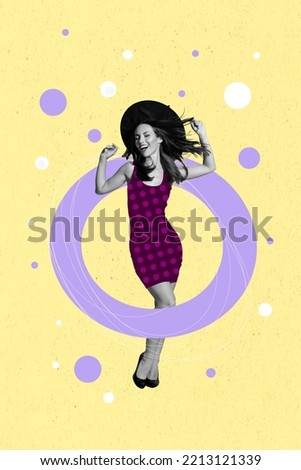 Vertical collage picture of overjoyed excited black white effect girl dancing have fun isolated on creative background