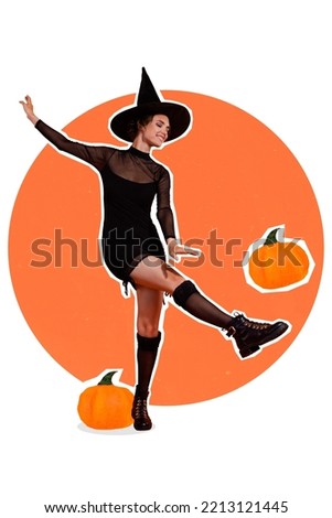 Vertical collage portrait of pretty positive conjurer girl leg kick pumpkin isolated on painted creative background