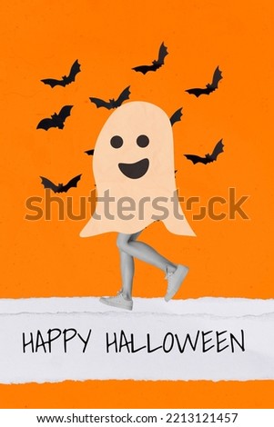 Vertical collage picture of painted ghost black white gamma legs walking flying bats happy halloween text isolated on creative background