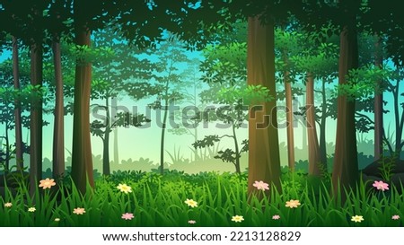 Deep Tropical Rain Forest with thick bushes, plants and trees, nature landscape vector illustration Royalty-Free Stock Photo #2213128829