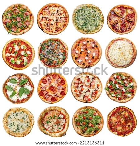 Collection of pizza with various ingredients isolated on white background. Top view cutouts of fast food