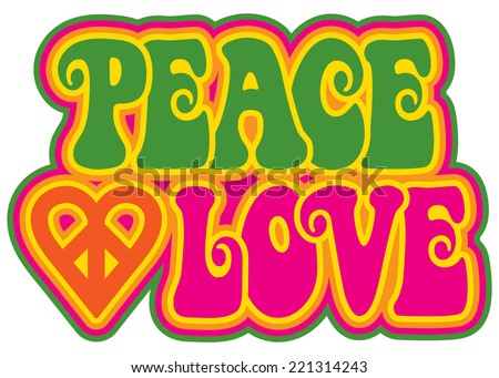 Peace and Love retro-style text design with a peace heart symbol.