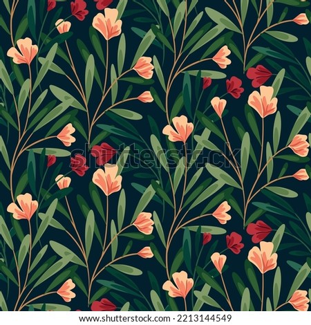 Seamless pattern, beautiful floral print with summer garden. Botanical background with hand drawn wild plants: small flowers on branches, large leaves, lush green foliage. Vector illustration.