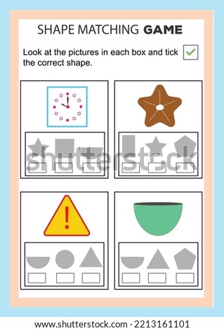 Matching children educational game. Match real objects with geometric shapes. Learning forms activity for kids and toddlers.