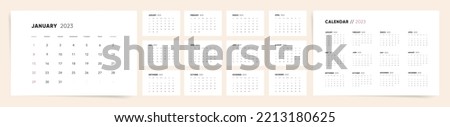 Calendar 2023. Calendar 2023 week starts Sunday. Set of ready to print monthly pages. Corporate minimal clean design 2023 calendar.  Royalty-Free Stock Photo #2213180625