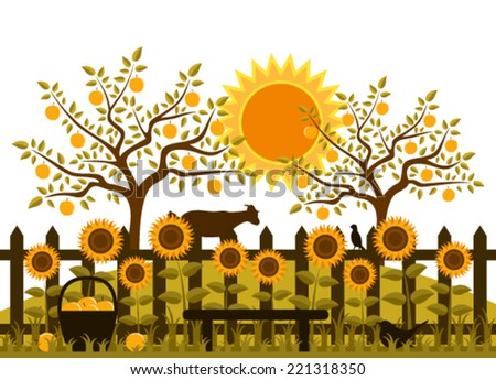 vector picket fence with sunflowers and apple orchard