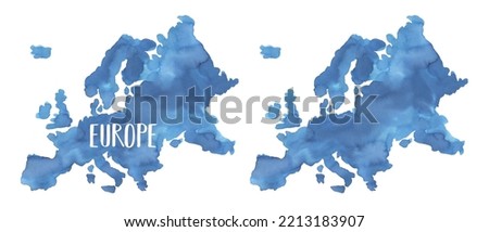 Watercolour illustration of Europe Continent Map: blank template and with "Europe" sign. Hand drawn water color drawing on white, cut out clip art elements for design, banner, poster, scrapbooking.