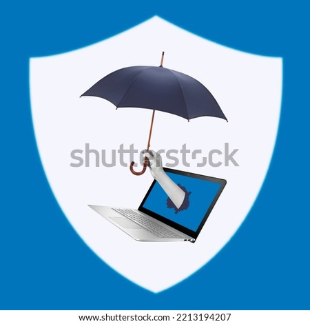 Creative collage of hand holding umbrella over laptop. Computer protection from viruses and hacker attacks.
