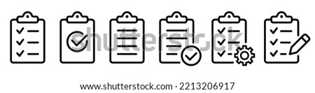 Clipboard icon set. Checklist on the clipboard line icon with checkmarks, checklist, document, gear, pencil. Clipboard outline icons. Checklist symbol. Editable stroke. Isolated. Vector illustration Royalty-Free Stock Photo #2213206917
