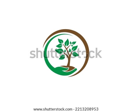 Plant Planting Natural  Logo Template. Growing Plant and Green Hand Symbol Vector Icon.