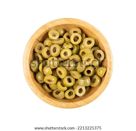 Green Pickled Olive Slices Pile. Pitted Fermented Olives Pieces, Marinated Mediterranean Snack Cuts, Olive Pickles on White Background Royalty-Free Stock Photo #2213225375