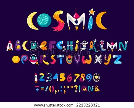 Cartoon space font, universe type and galaxy typeface, vector alphabet letters. Kid space font with planets and alien UFO text and symbols, cartoon universe typography or galactic typeset signs Royalty-Free Stock Photo #2213228321