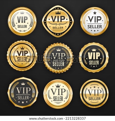 VIP seller golden badges and labels, premium quality store, vector gold icons. Best luxury product shop, VIP brand award banner or medal certificate sticker with golden crown, star and laurel wreath Royalty-Free Stock Photo #2213228337