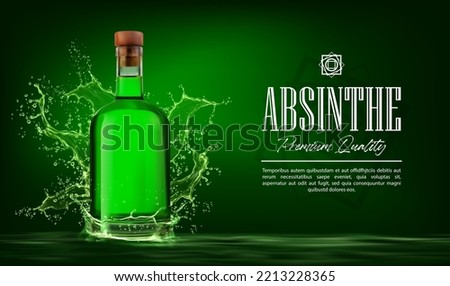 Absinthe alcohol liquor bottle on green splash background, vector bar drink banner. Absinthe transparent glass bottle with green spill or drops flow, alcohol liquor brand or product advertising poster Royalty-Free Stock Photo #2213228365
