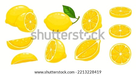 Cartoon lemon fruit slices, half cut and whole with leaf, vector object. Tropical citrus lemon fruit food and vitamin C in slices for juicy jam, marmalade or citron dessert flavor package design Royalty-Free Stock Photo #2213228419