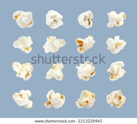 Realistic popcorn, isolated pop corn kernels, vector fast food 3d snacks. Movie cinema or party sweet popcorn kernels in macro closeup, salty fluffy pop corn or sweetcorn snack Royalty-Free Stock Photo #2213228465