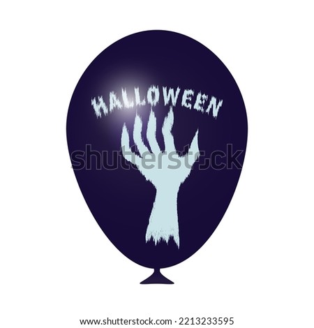 A balloon for Halloween. Realistic purple ball with inscription and text, sinister hand.