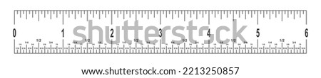 6 inches ruler scale with fractions. Math or geometric tool for distance, height or length measurement with markup and numbers isolated on white background. Vector outline illustration Royalty-Free Stock Photo #2213250857