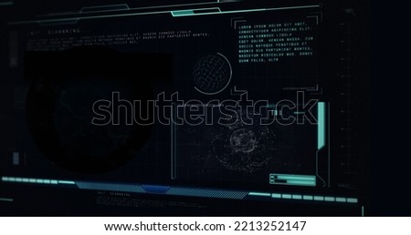 Digitally generated image of black mathematical symbol on hud interface screen, copy space. Illustration, computer, database, globalization, machine learning and technology concept.